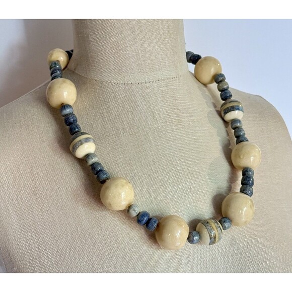 Handcrafted Chunky Ceramic Beaded Necklace – Blue & Cream Statement Jewelry - Picture 2 of 12